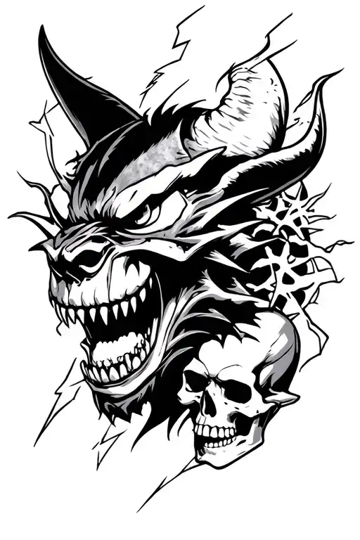 A black and white tattoo with a sideways wild toothless head with lightning and human skulls behind it tattoo design idea