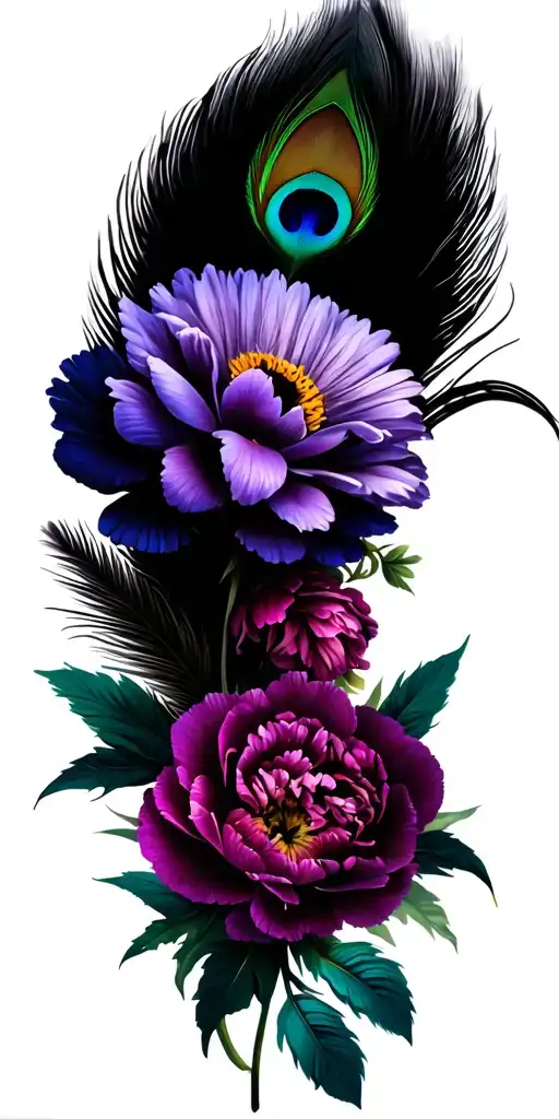 floral with Mandelas, peonies, lilies, daisy, carnation,dandelion puff, peacock feathers tattoo design idea