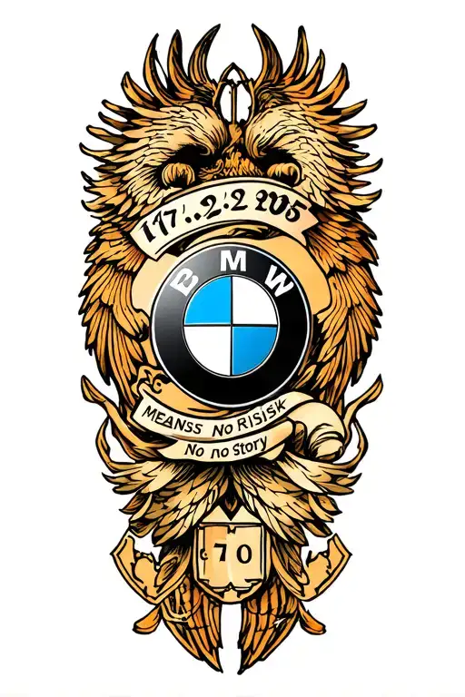 bmw logo into my body and something around that represent no risk means no story and 17.09.2005 in roman numbers tattoo design idea