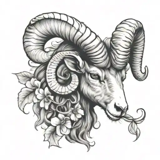 half aries ram head with honeysuckle flowers tattoo design idea