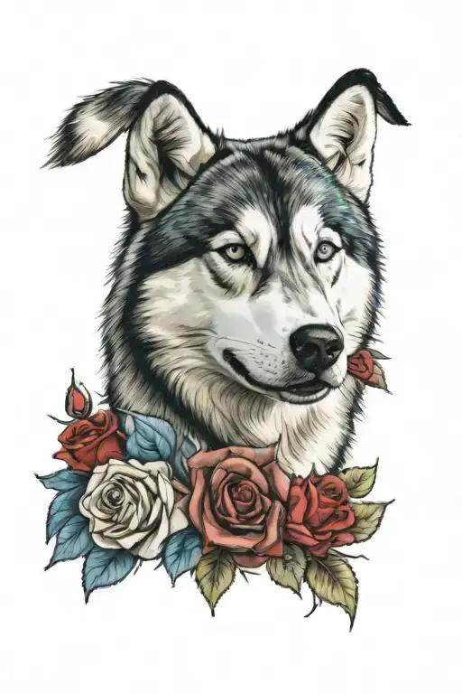 Husky Siberian face one eye blue one eye mixed brown sourounded by red roses  tattoo design idea