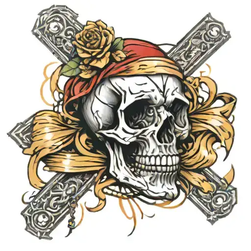 broken ribbon, cracked skull, blending with emperor tarot card design tattoo design idea