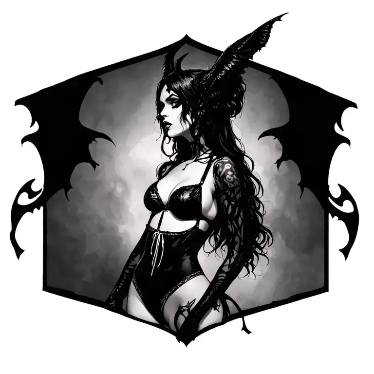 Gothic, Succubus, Big Boobs, G-String, Ripped Bra, G-String, Looking To Right, Sexual Pose tattoo design idea
