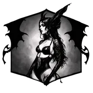 Gothic, Succubus, Big Boobs, G-String, Ripped Bra, G-String, Looking To Right, Sexual Pose tattoo design idea