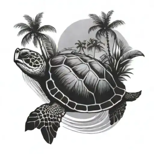 sea turtle surrounded by palms rising sun tattoo design idea