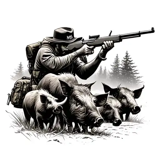 A black-grey tattoo of a hunter aiming a rifle at a pack of wild hogs with big tusks, surrounded by hiking gear tattoo design idea