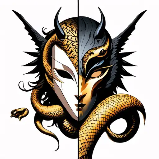 Split Mask – A half-angel, half-demon mask with a snake wrapped around it, representing duality and transformation tattoo design idea