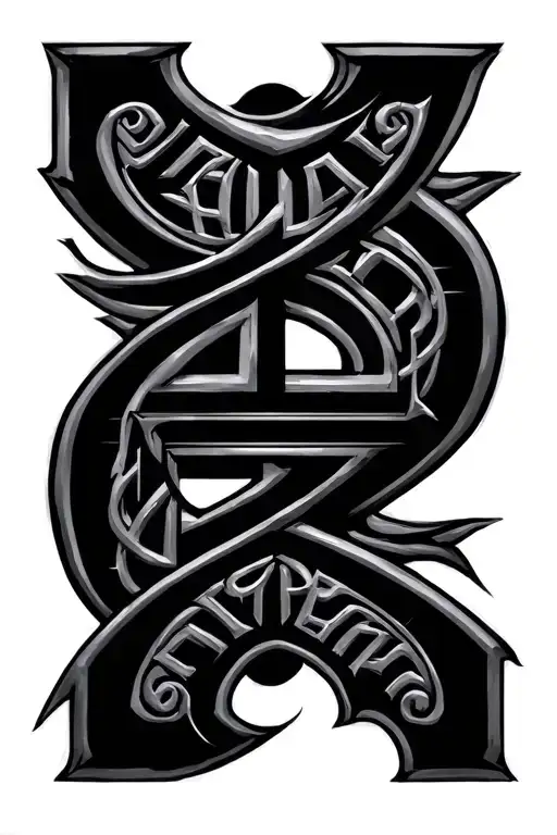 “Tattoo design of the name DILSHAN, styled like ancient runes or magical script, vertical layout down the neck, letters  tattoo design idea
