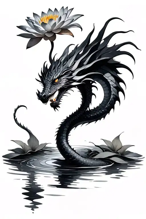 dragon body, water lily tattoo design idea