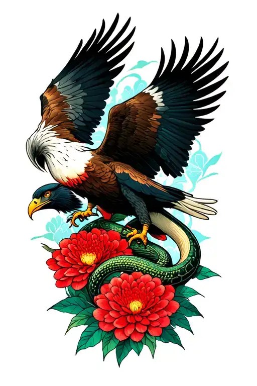 Japanese/american color caracara eagle mid fight with snake,include a deep red chrysanthemum flower and black background tattoo design idea