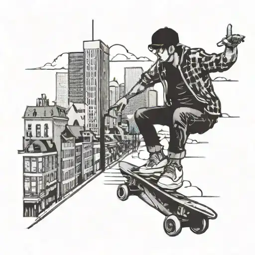 An accountant balancing on a skateboard in a city setting tattoo design idea
