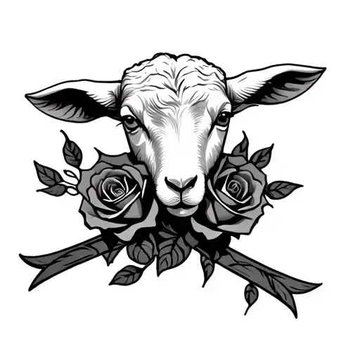 lamb with crossed roses intertwined tattoo design idea
