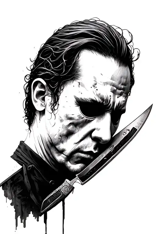 realistic michael myers looking down to the right side, holidng knife  tattoo design idea