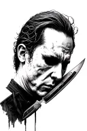realistic michael myers looking down to the right side, holidng knife  tattoo design idea