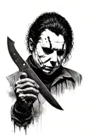 realistic michael myers looking down to the right side, holidng knife  tattoo design idea