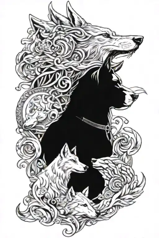 Odin, Thor, Loki, Jormungunder, and Hel goddess with wolf tattoo design idea