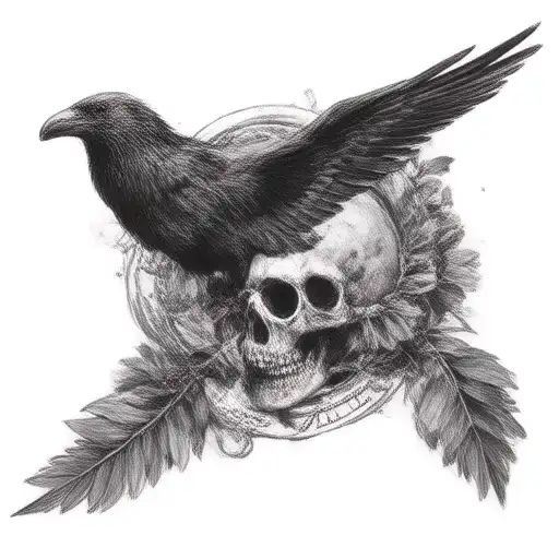 skull and raven within a Laurel Wreath With The Quote "Memento Vivere" In The Inner Borders Tattoo tattoo design idea