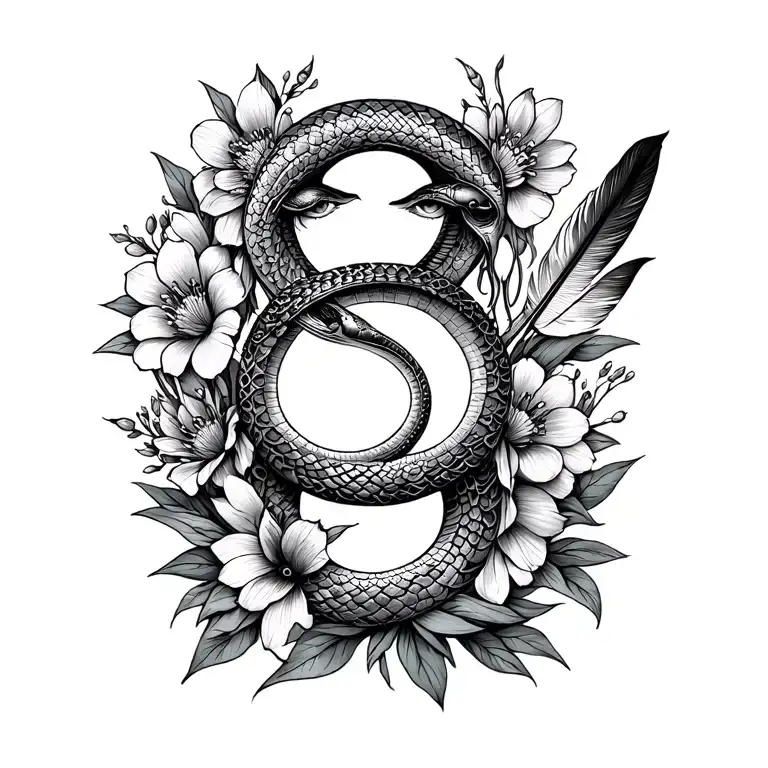 simple line tattoo with triple goddess symbol incorporating feather, spring flowers and snake tattoo design idea