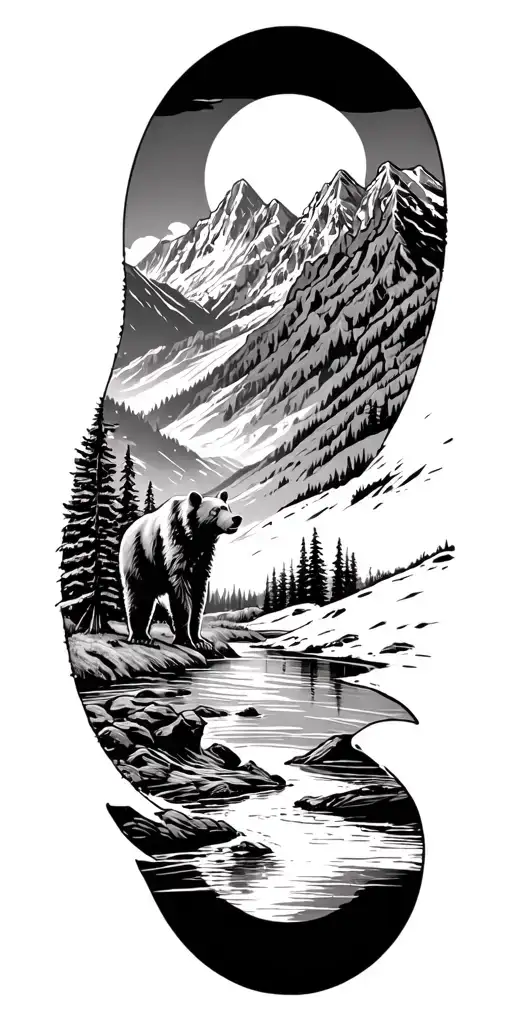 Mountains, sun, bear, river, 1975 F100, tattoo design idea