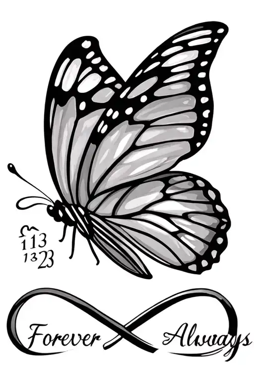 a butterfly with grams and 11/3/23 inside with a infinity sign saying forever n always tattoo design idea