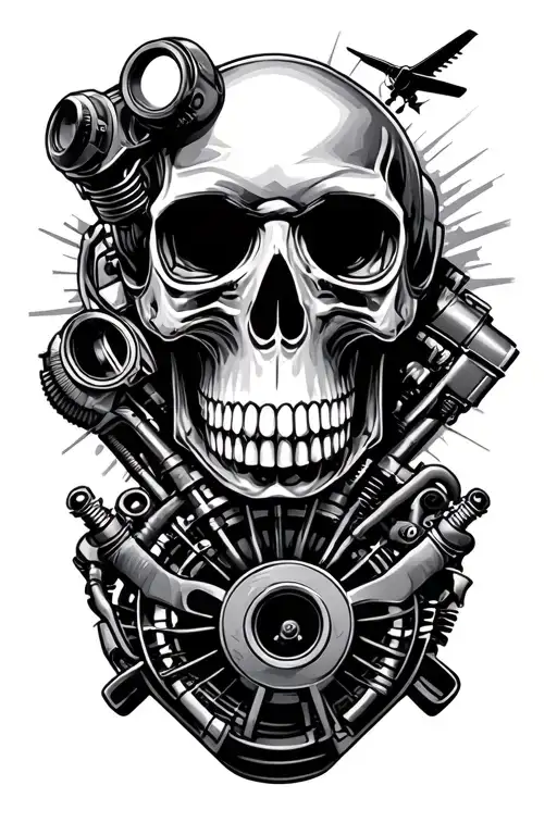 mechanic skull and airplane jet engine tattoo design idea
