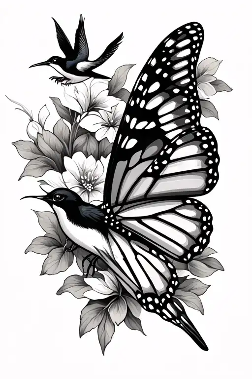 monarch butterfly, rainbow and swallow bird tattoo design idea