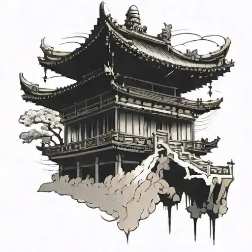 a big japanese pagoda coming out of a rectangular japanese charm tattoo design idea