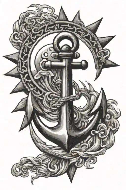anchor, sun and fire tattoo design idea