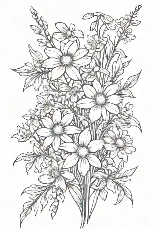 daisies and daffodils with sprinkling of cherry blossoms, snow drops, violets, filler, stems tattoo design idea
