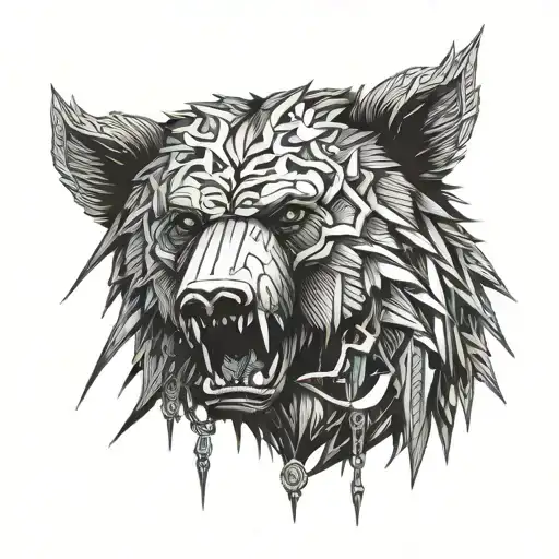 head bear anrgy spikes chain tattoo design idea