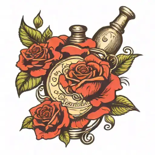 a rose with a perfume bottle and a heart pendant on the bottle. an inscription "life is beautiful" tattoo design idea