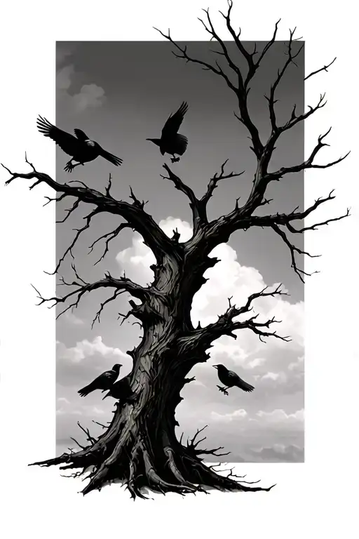 dead tree with crows on the branches and flying.  tattoo design idea