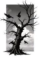 dead tree with crows on the branches and flying.  tattoo design idea