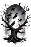 dead tree with crows on the branches and flying.  tattoo design idea
