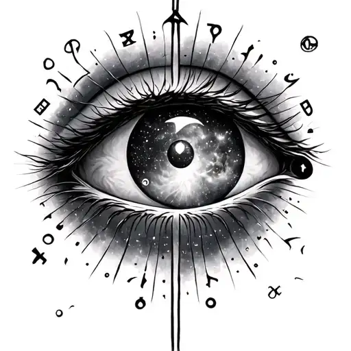 Eye with galaxy, ‘कोऽहम्’, 真, and runes — symbol of truth and self-discovery. tattoo design idea