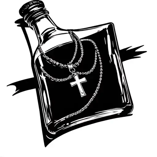 Create a sketch of tattoo, the tattoo will be a glass vodka bottle with 2 necklaces with cross pendants sw tattoo design idea