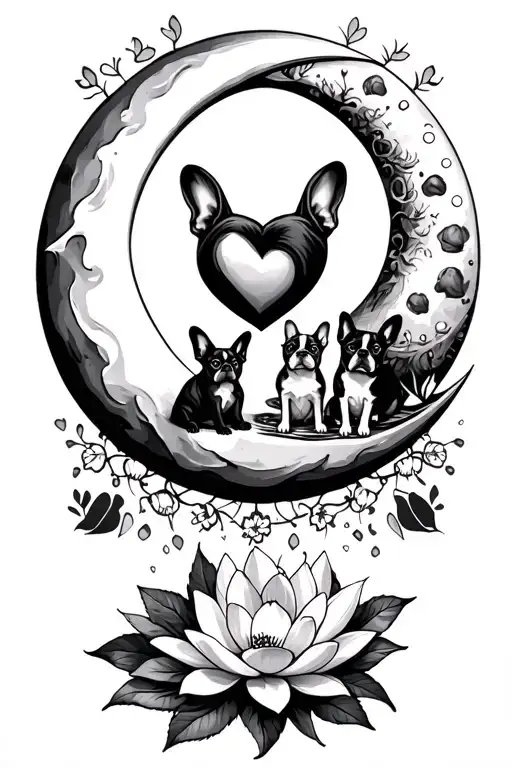 eternity symbols with British heart in middle , two paws,  water Lilly , half moon, and 2 frenchies sitting on the moon  tattoo design idea