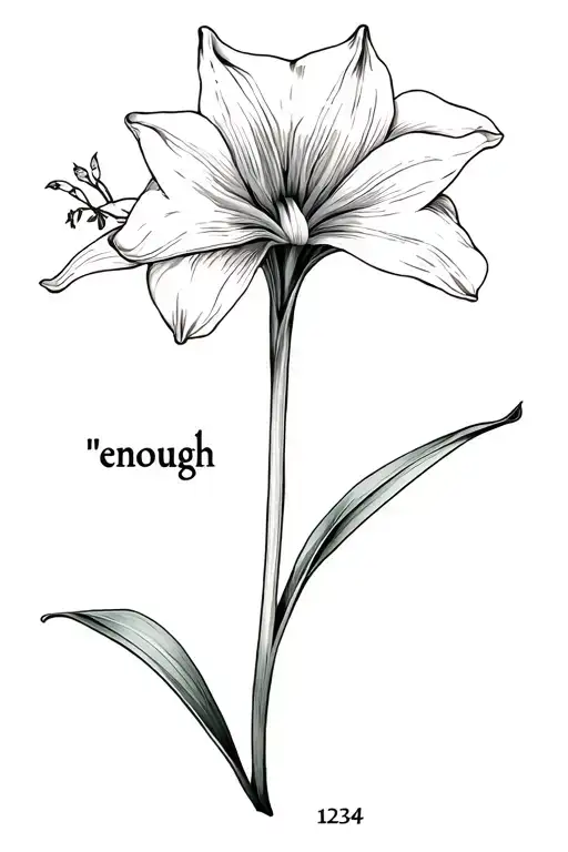 amaryllis Minerva with the word 'enough' in the stem with 1234 symbolized in fine lines tattoo design idea