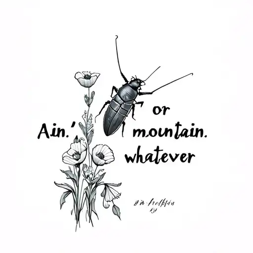 "Ain’t no mountain or whatever" cockroach holding poppies and delphiniums tattoo design idea