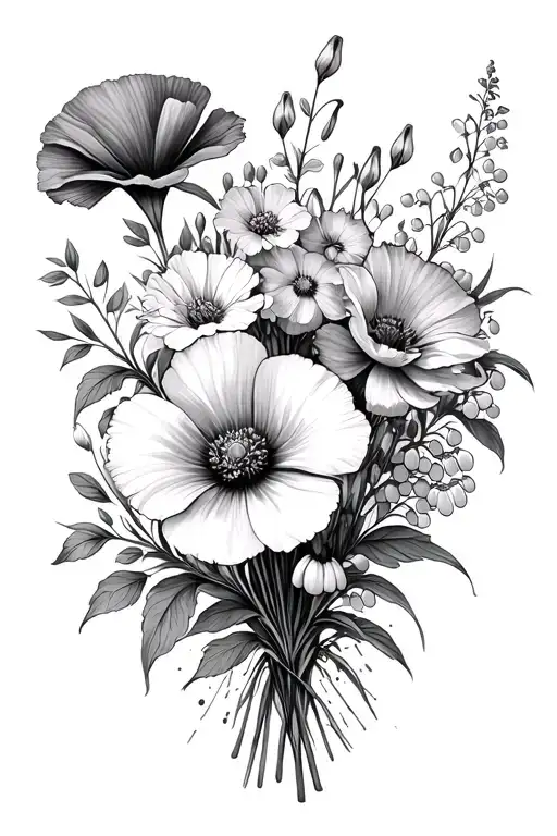 Carnation, violet, sweet pea, lily of the valley, larkspur, poppy, cosmos in a Bouquet  tattoo design idea