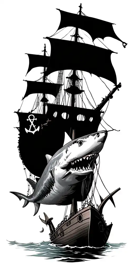 sunken pirate ship with shark and anchore tattoo design idea