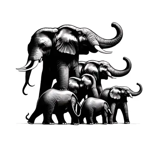 four elephants that getting smaller by the number and the second one is flying above the rest and holding the first one  tattoo design idea