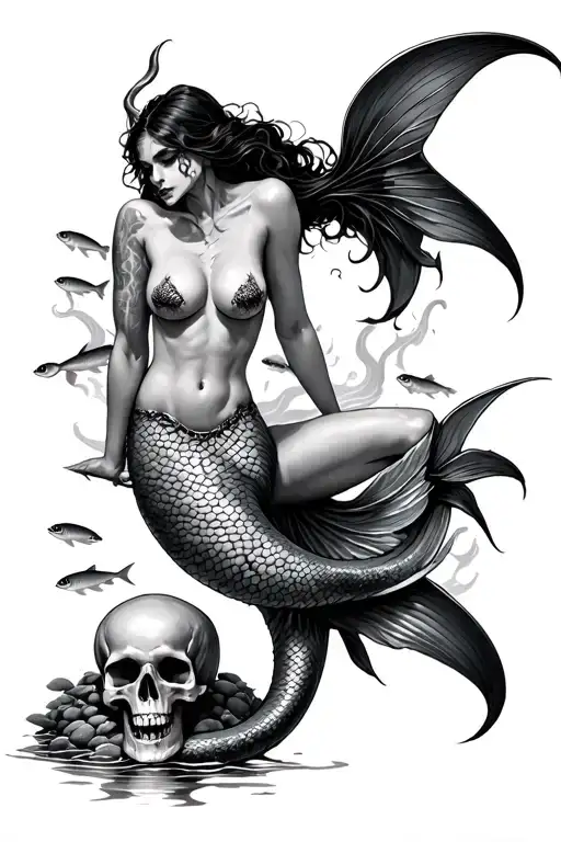 evil mermaid with mermaid tail instead of legs topless leaning on a pile of skulls surrounded by fish tattoo design idea