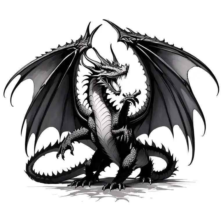 disintegrating dragon flying with wings spread tattoo design idea