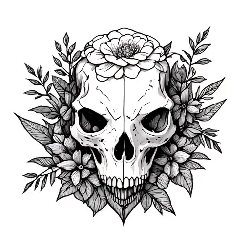 Animal skull surrounded by nature tattoo design idea