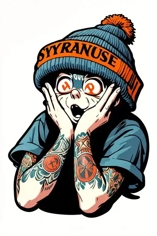 A cartoon-style character with X eyes, in a surprised pose with hands on its cheeks, wearing an syracuse beanie,  tattoo design idea
