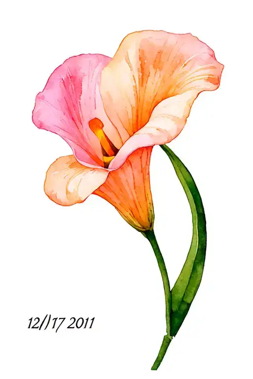 pink and peach cala lily with "12/17/2011" as the stem tattoo design idea