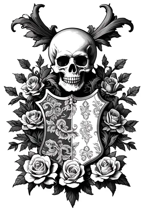 coat of arms with skull and roses Scottish  tattoo design idea