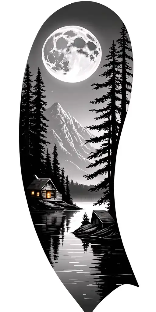 moon over Forest skyline, a frame cabin on lake tattoo design idea