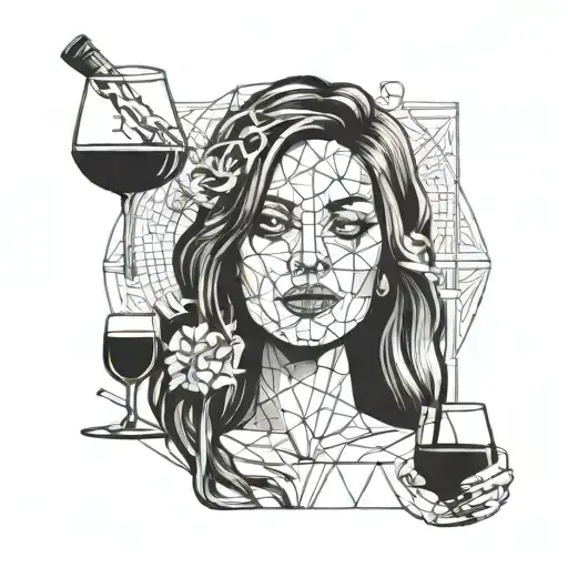girl with long hair smoking a cigarette with a glass of wine tattoo design idea